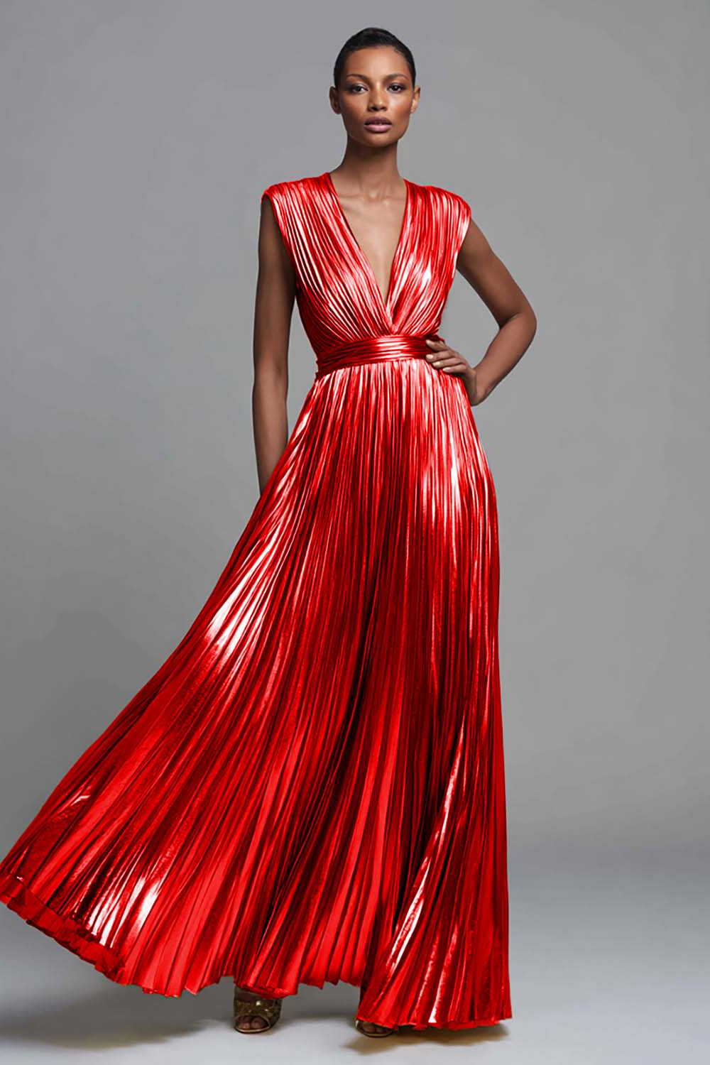 Sparkly Gold A-Line Deep V-Neck Metallic Pleated Long Formal Dress