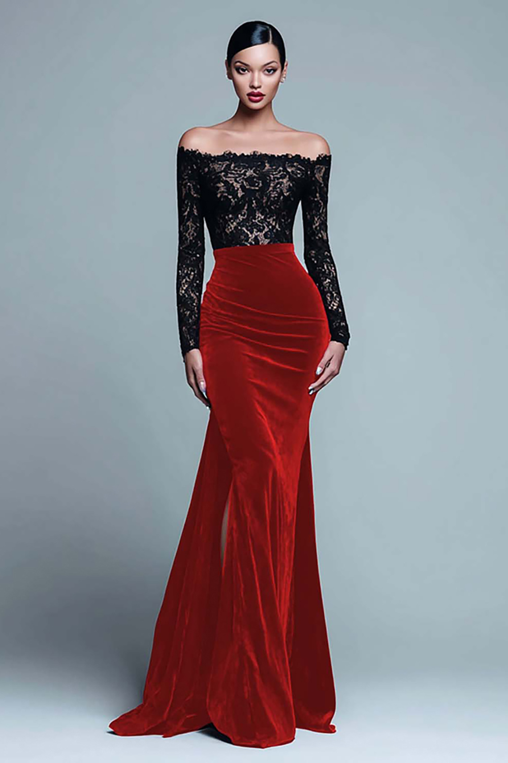 Elegant Black and Burgundy Velvet Mermaid Long Sleeves Holiday Party Dress with Lace