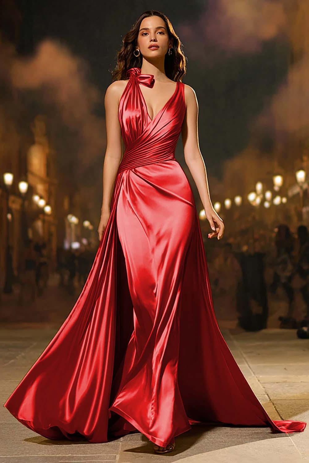 Gold Satin Mermaid V-Neck Ruched Long Formal Dress with Cape