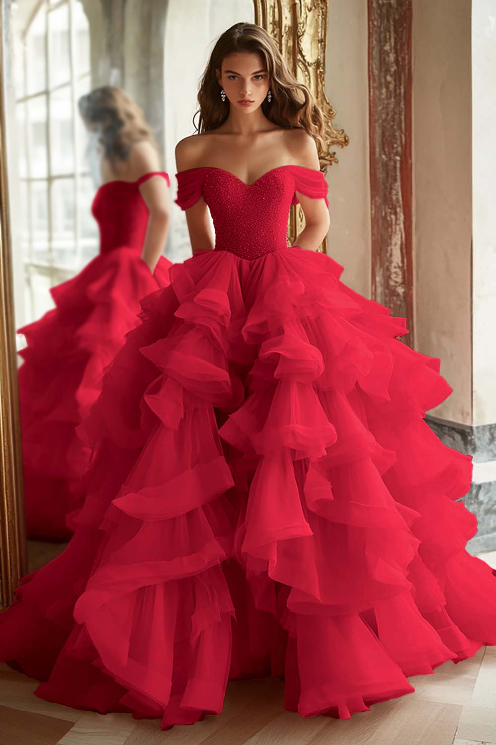 Pink Ball Gown Tulle Off the Shoulder Tiered Long Prom Dress