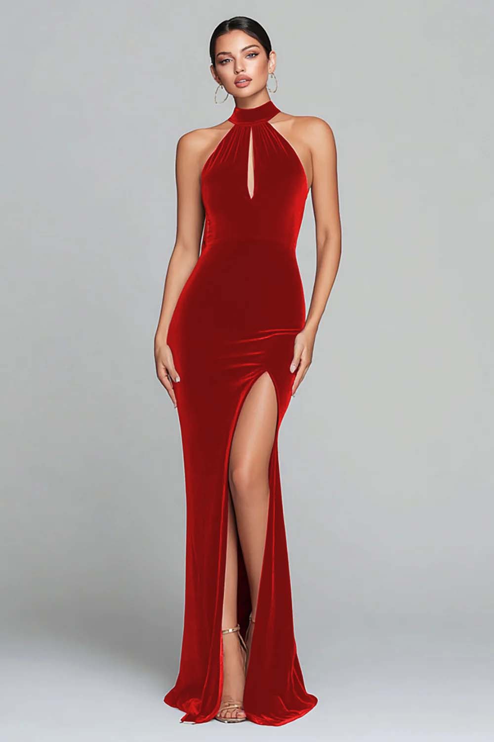 Elegant Burgundy Velvet Mermaid Halter Long Holiday Party Dress with Slit