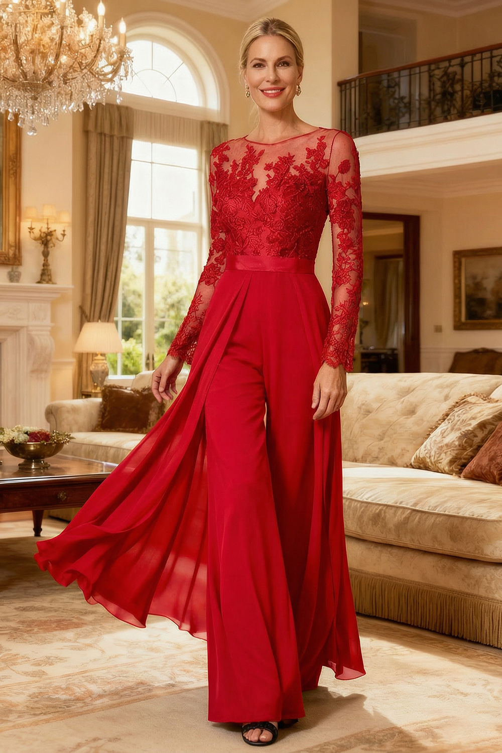 Black Illusion Neck Chiffon Mother of the Bride Pant Suits with Side Cape