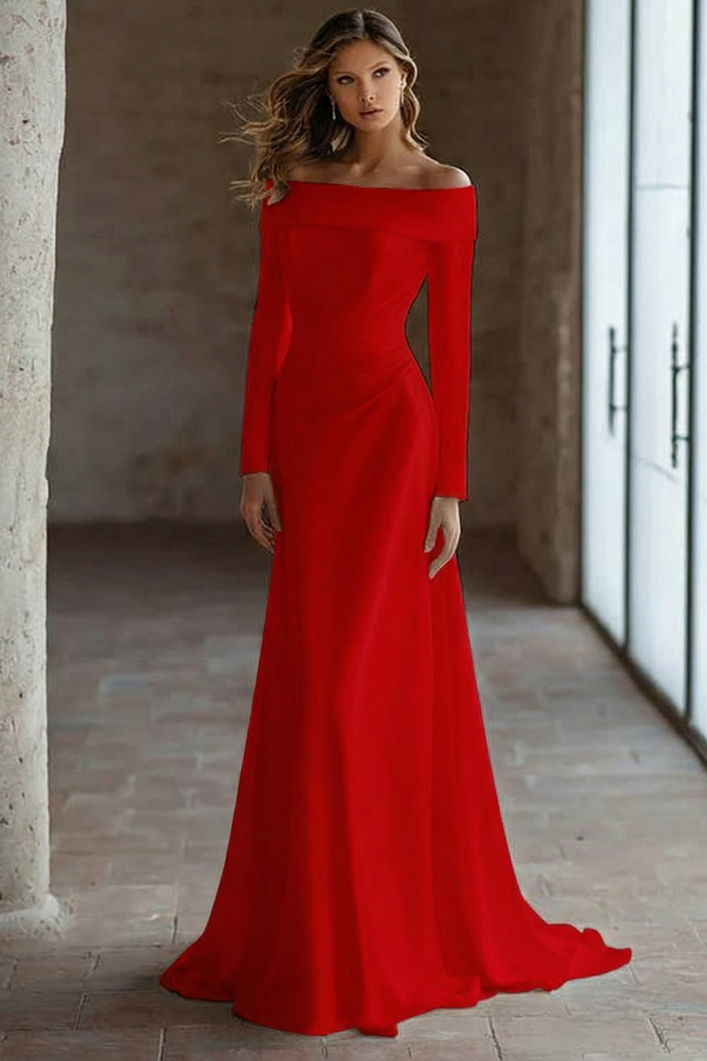 Ivory Satin Off the Shoulder Sweep Train Wedding Reception Dress with Sleeves