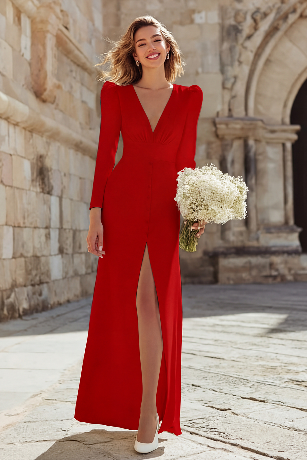 Ivory Sheath V-Neck Long Sleeves Rehearsal Dinner Dress with Slit