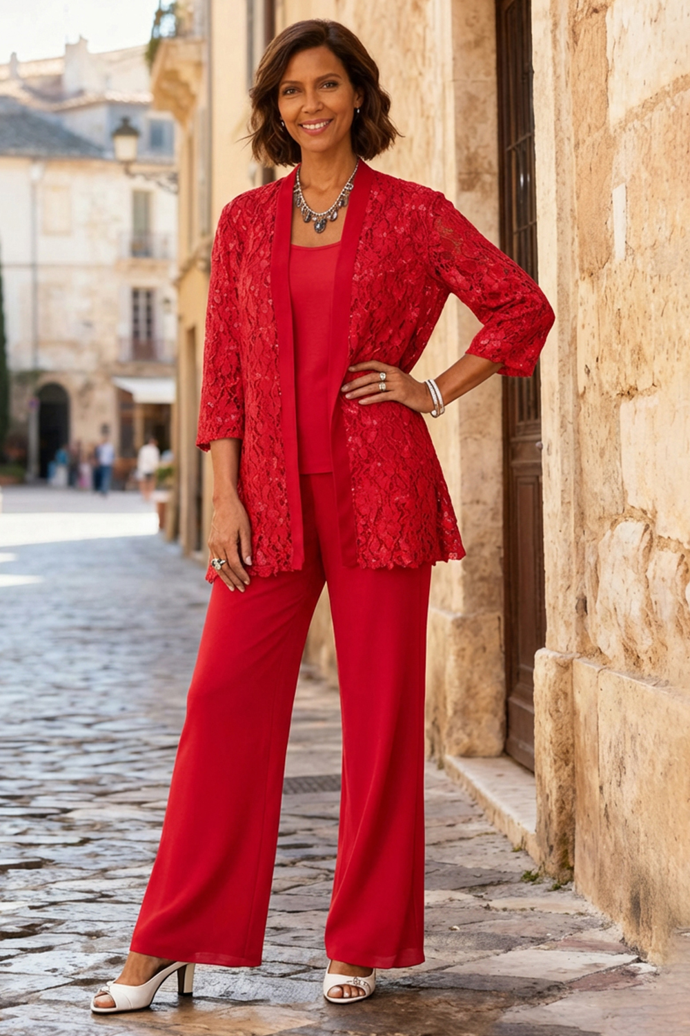 3-Piece Light Grey Round Neck Chiffon Mother of the Bride Pant Suits with Jacket