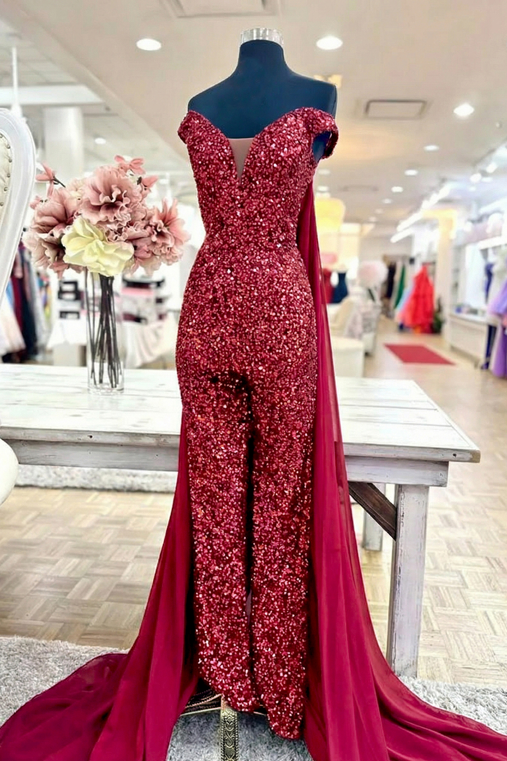 Sparkly Royal Blue Long Sequins Homecoming Jumpsuits with Cape