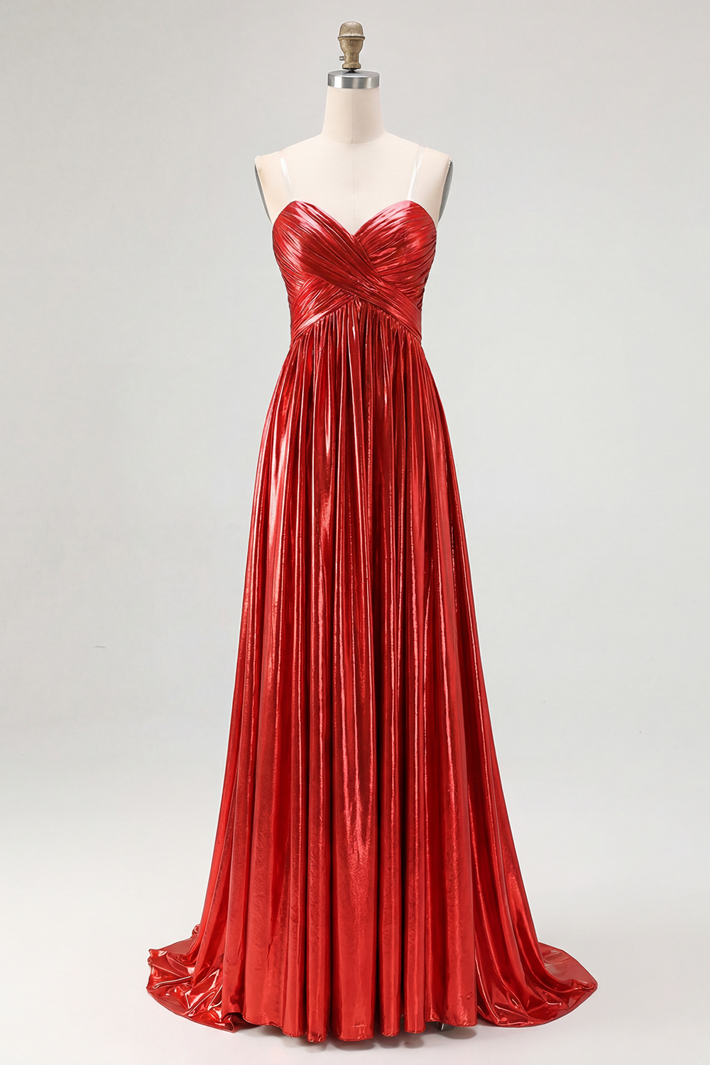 Metallic Gold Satin Deep V Neck Pleated A Line Long Formal Dress