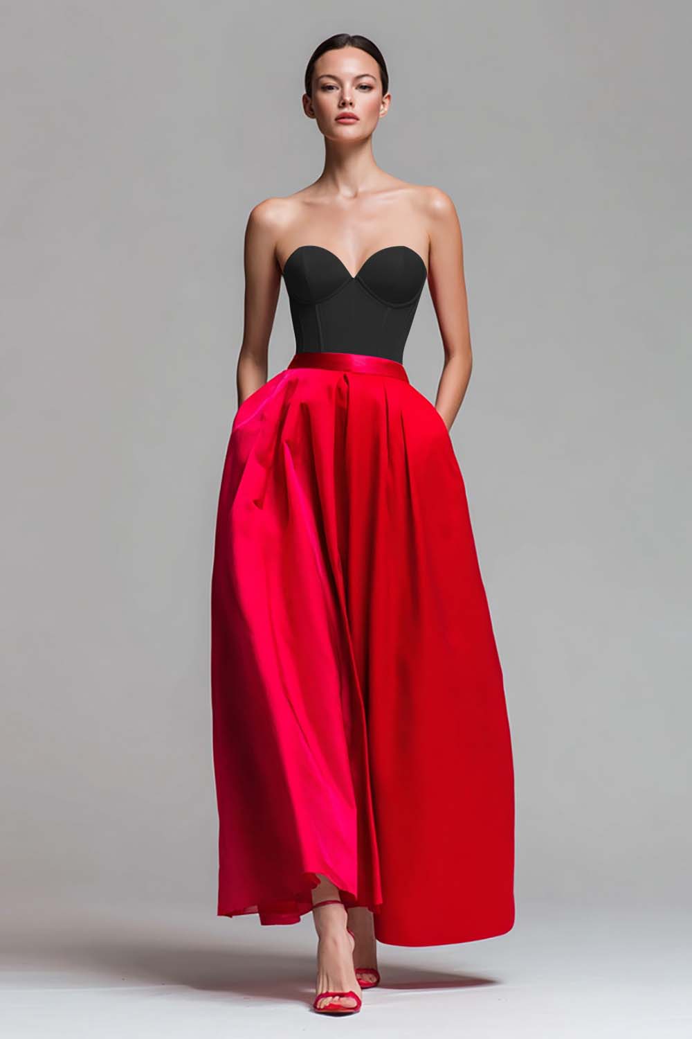 Red and Fuchsia A Line Satin Strapless Long Pageant Dress