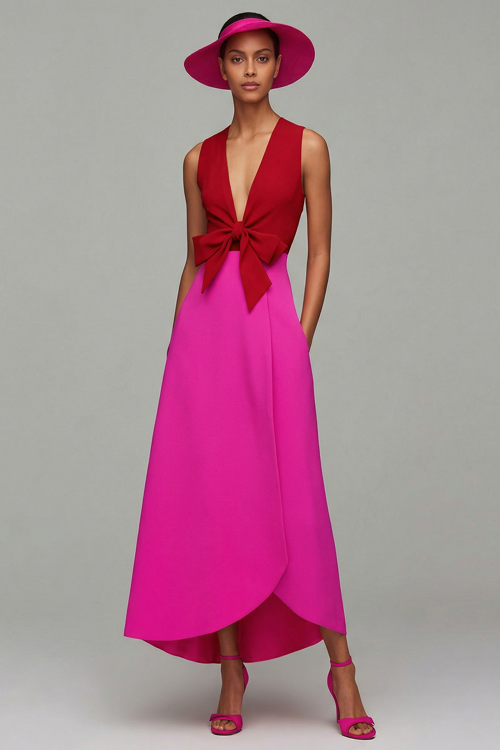 Orange and Fuchsia Deep V-Neck Long Pageant Dress with Bow
