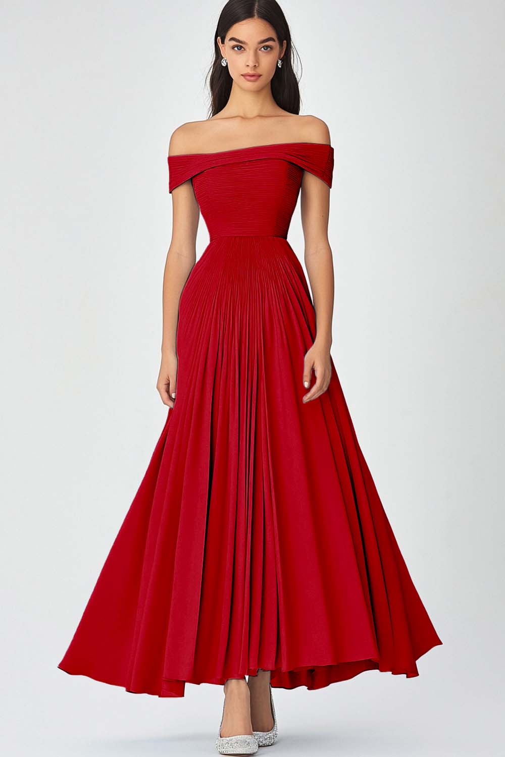 Elegant Off the Shoulder A Line Red Chiffon Long Formal Dress