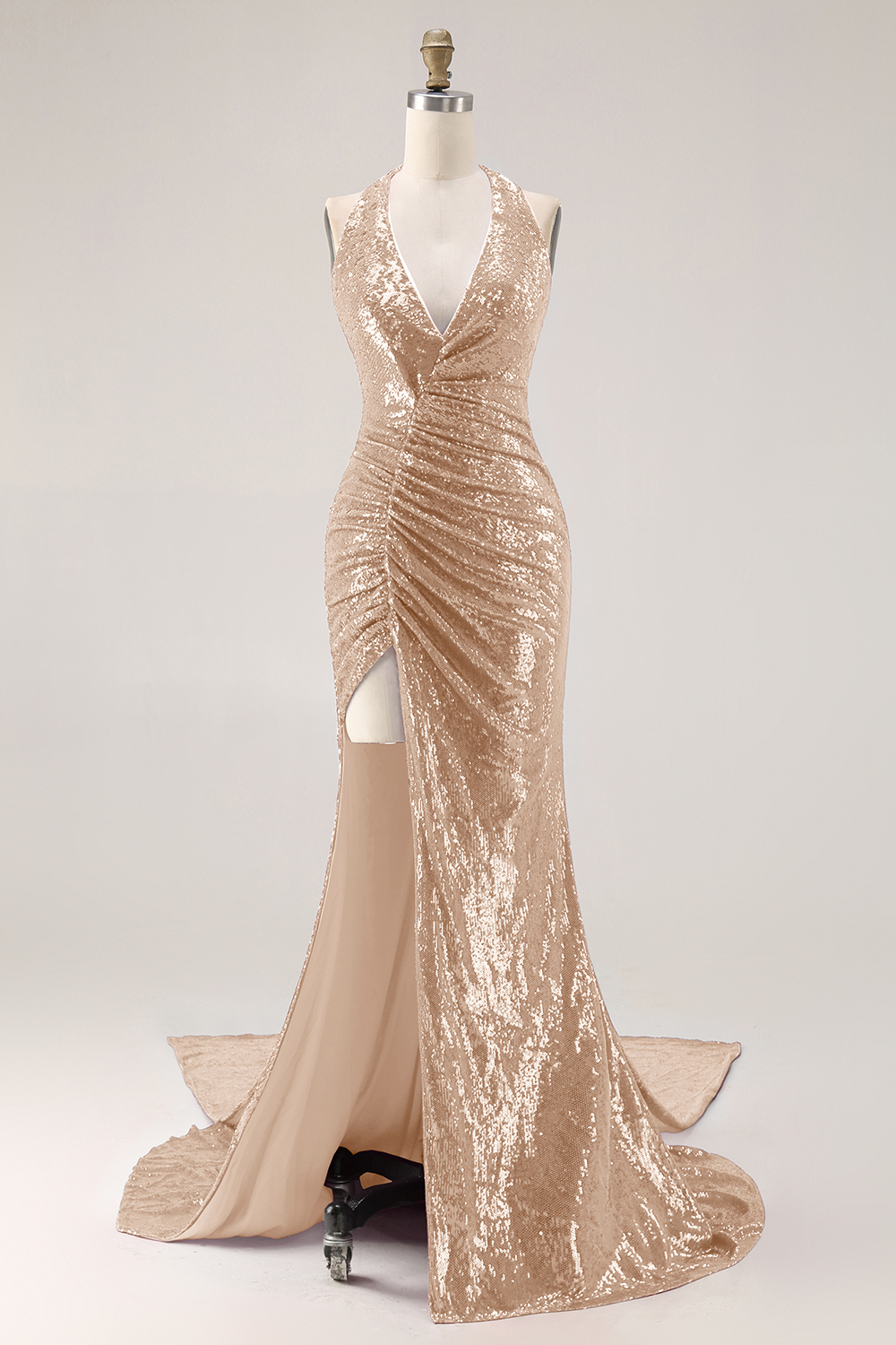 Sparkly Fuchsia Mermaid Sequin Side Cape Long Halter Prom Dress with Slit