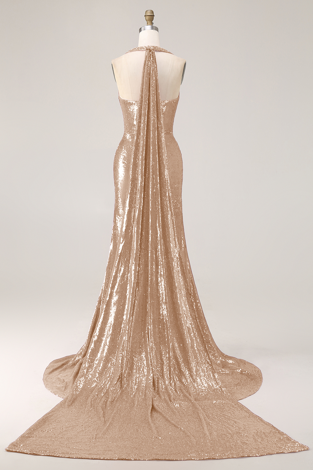 Sparkly Fuchsia Mermaid Sequin Side Cape Long Halter Prom Dress with Slit