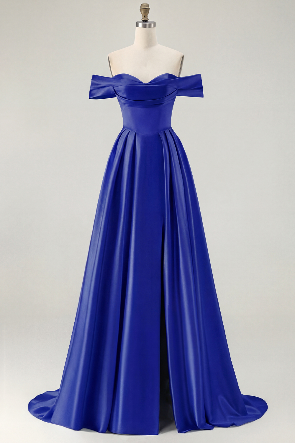 Blue A Line Off the Shoulder Long Satin Prom Dress with Slit