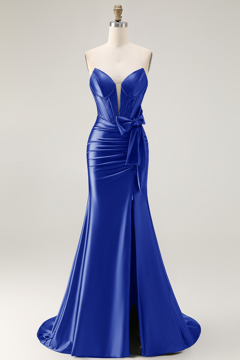 Navy Satin Strapless Mermaid Long Corset Prom Dress with Slit