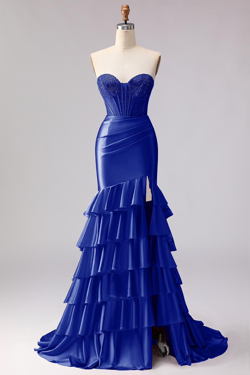 Sparkly Red Beaded Mermaid Sweetheart Ruffled Long Corset Prom Dress