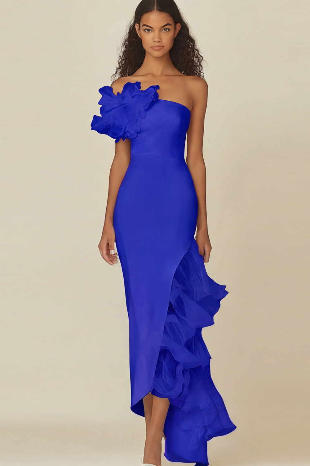 White Sheath Asymmetrical Long Ruffled Rehearsal Dinner Dress