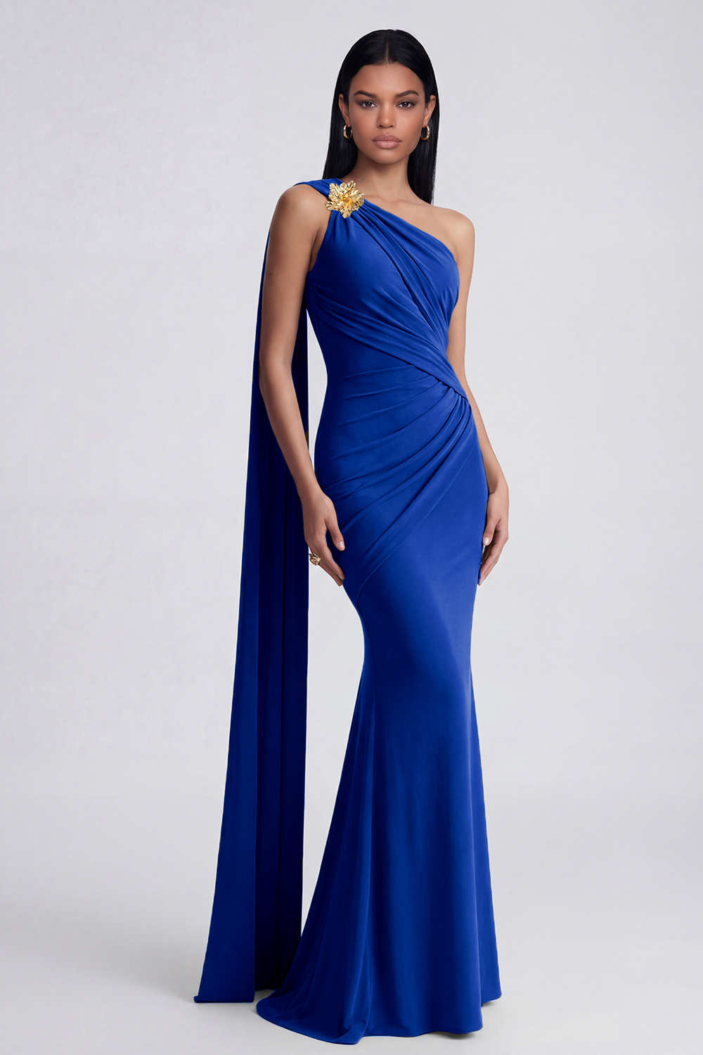 Olive Floral Ruched One Shoulder Long Mermaid Formal Dress with Side Cape