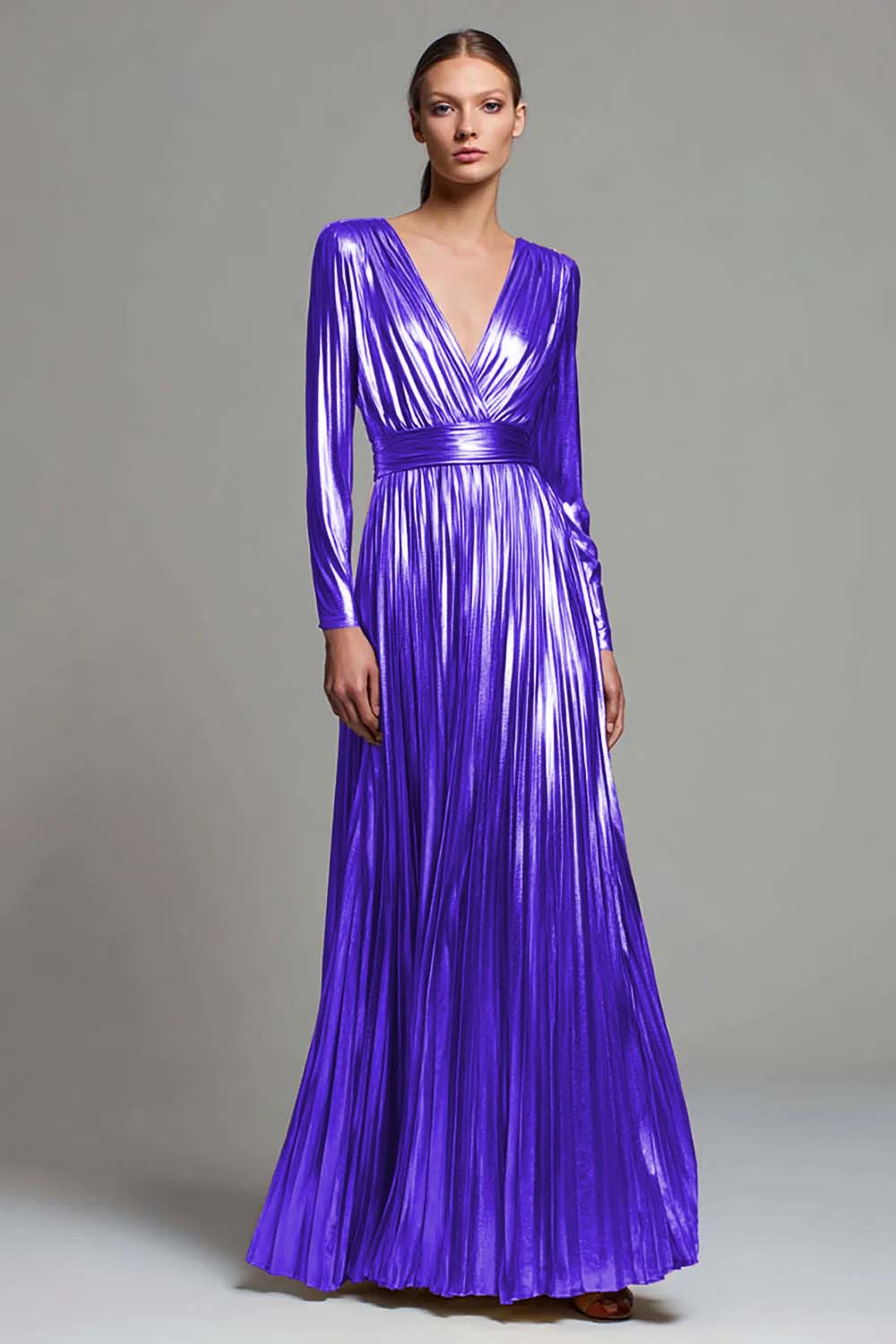 Sparkly Gold Metallic Pleated V-Neck A-Line Long Sleeves Formal Dress