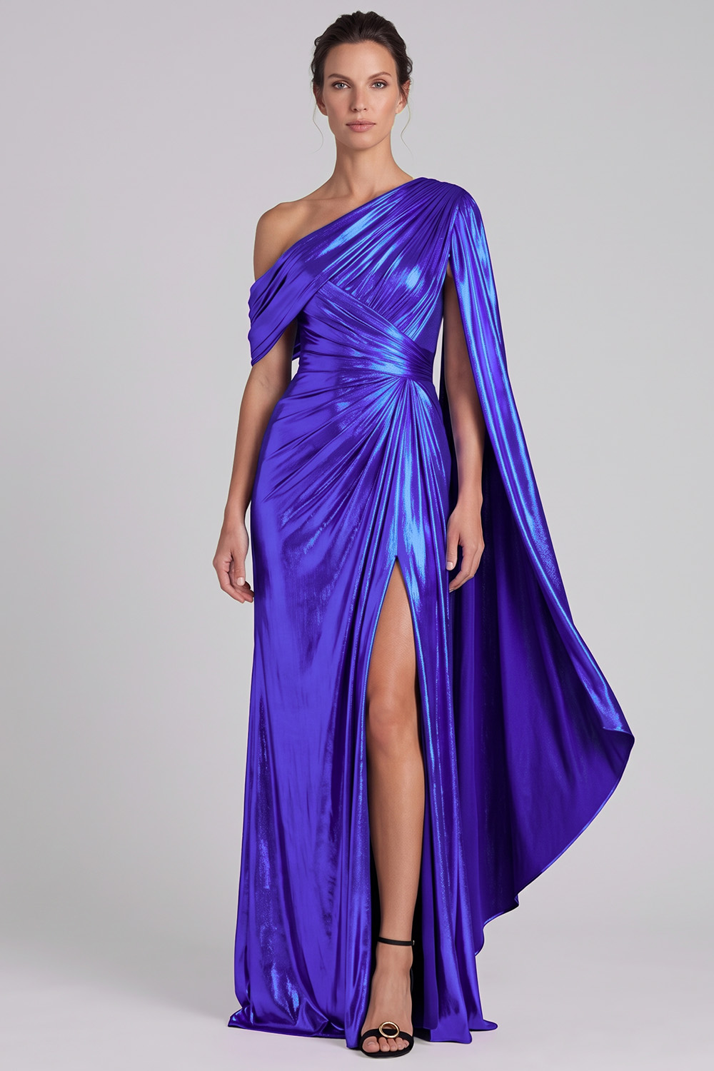 Gold Metallic Sheath Ruched One Shoulder Long Formal Dress with Slit
