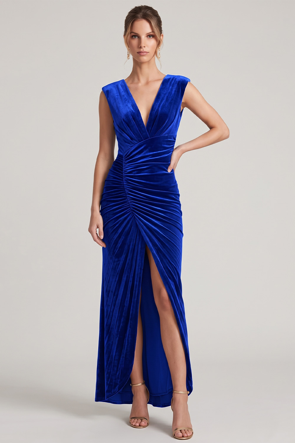 Dark Green Velvet Sheath V-Neck Ruched Maxi Holiday Dress with Slit