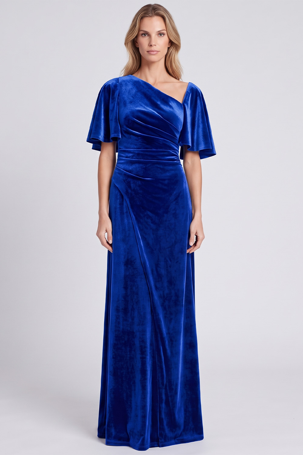 Dark Grey Sheath Asymmetrical Neck Velvet Ruched Long Holiday Party Dress