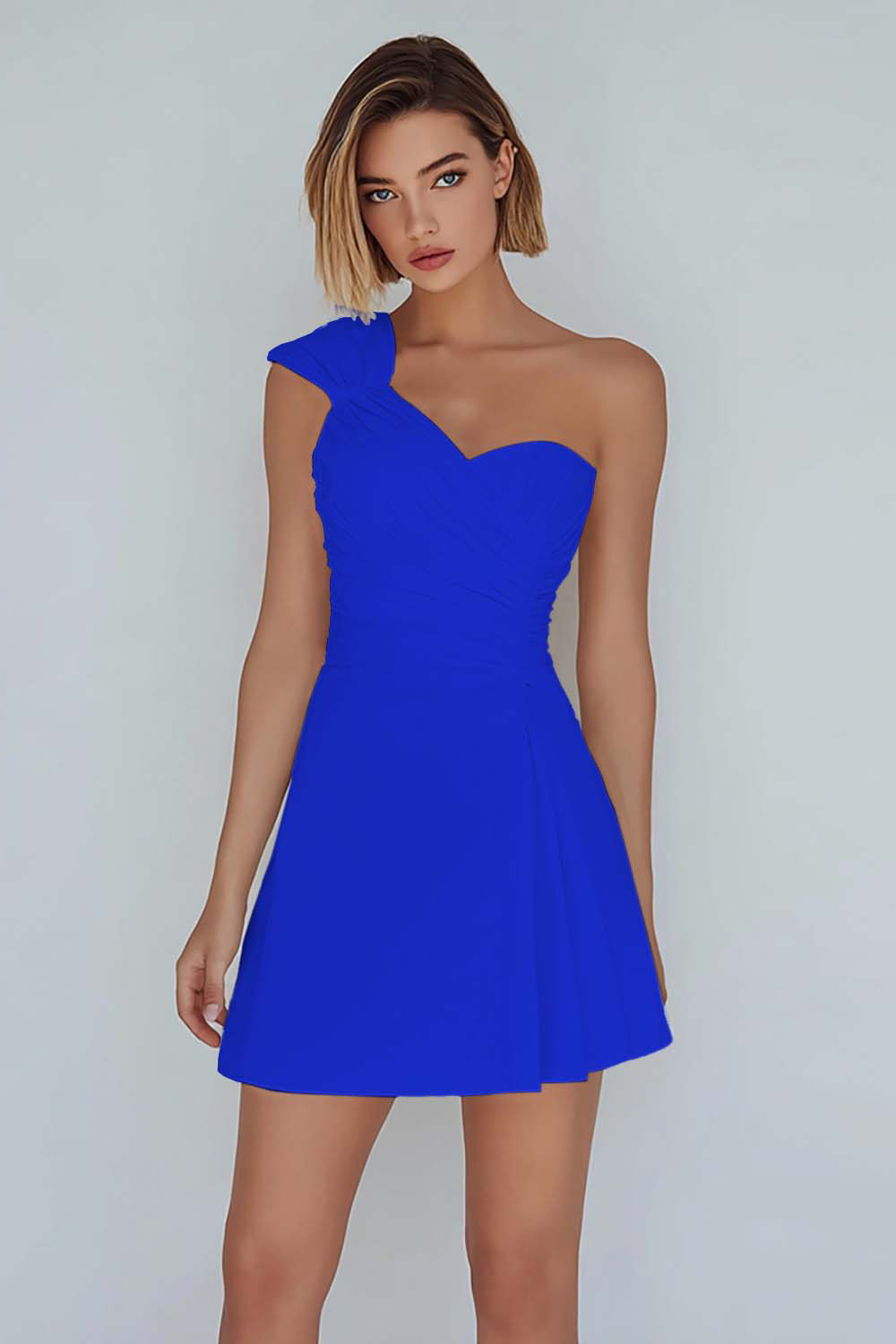 Ivory Ruched One Shoulder A-Line Satin Short Homecoming Dress