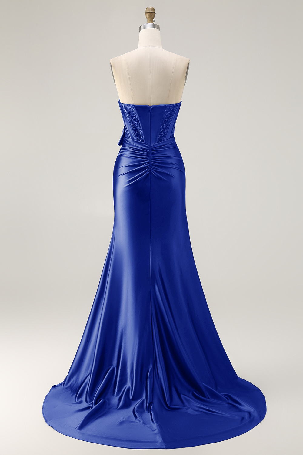 Navy Satin Strapless Mermaid Long Corset Prom Dress with Slit
