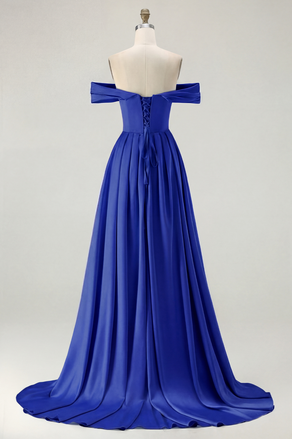 Blue A Line Off the Shoulder Long Satin Prom Dress with Slit