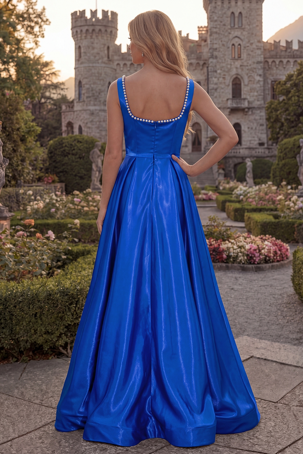 Simple Burgundy Square Neck A Line Long Prom Dress with Pearls