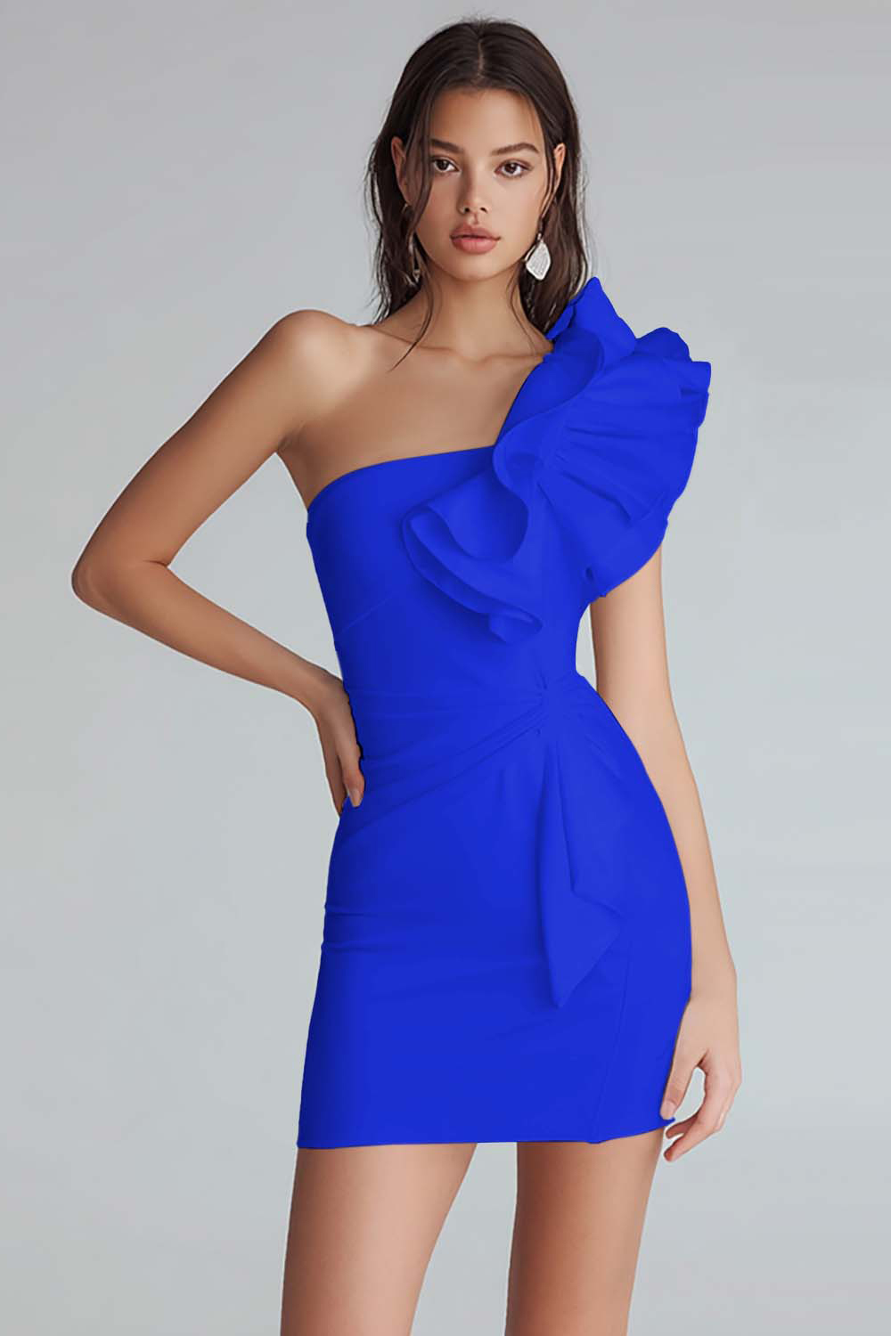 Ivory Satin Satin One Shoulder Short Tight Homecoming Dress with Ruffles