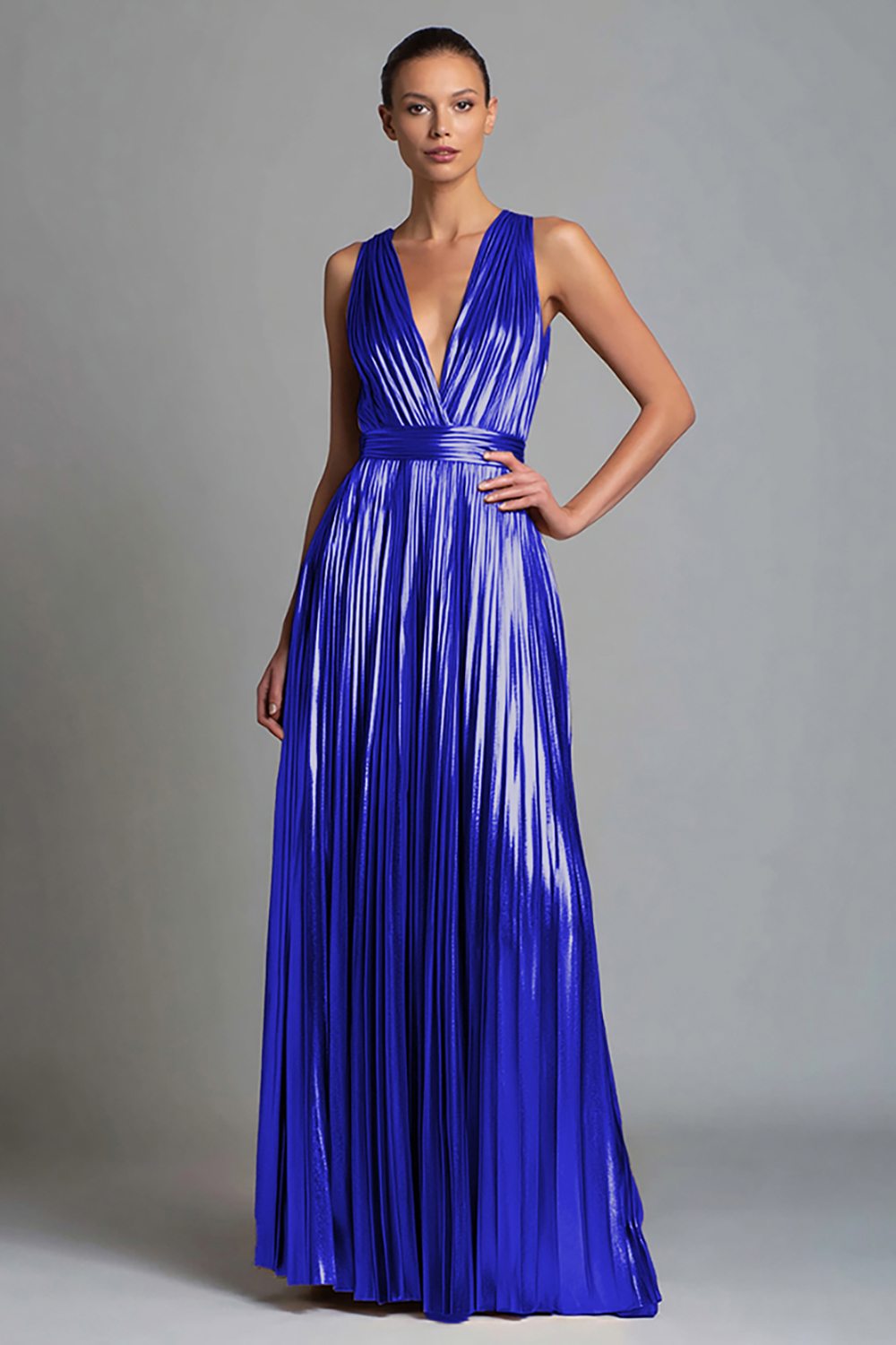 Sparkly Gold A-Line Metallic Pleated V-Neck Long Formal Dress