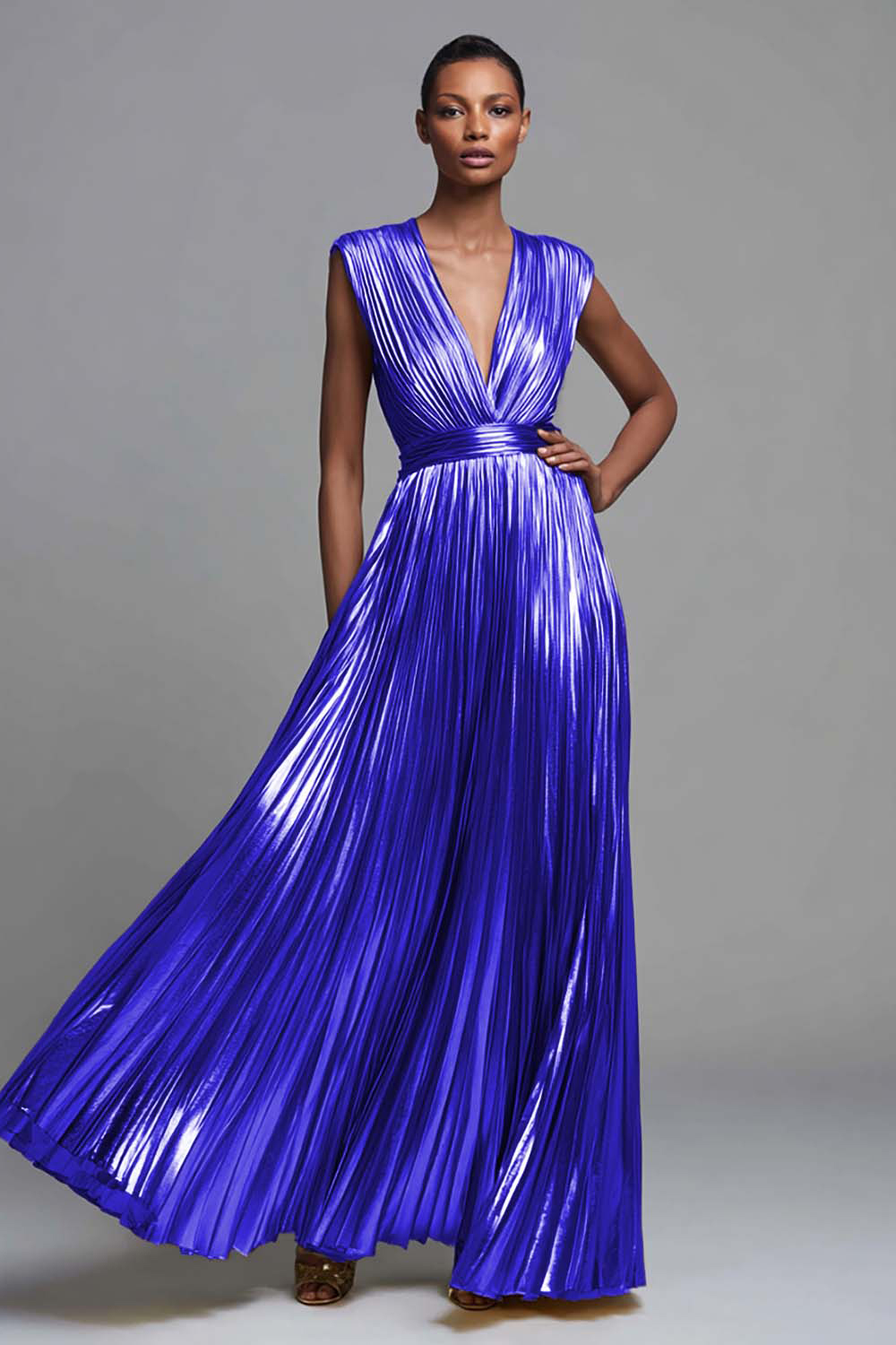Sparkly Gold A-Line Deep V-Neck Metallic Pleated Long Formal Dress
