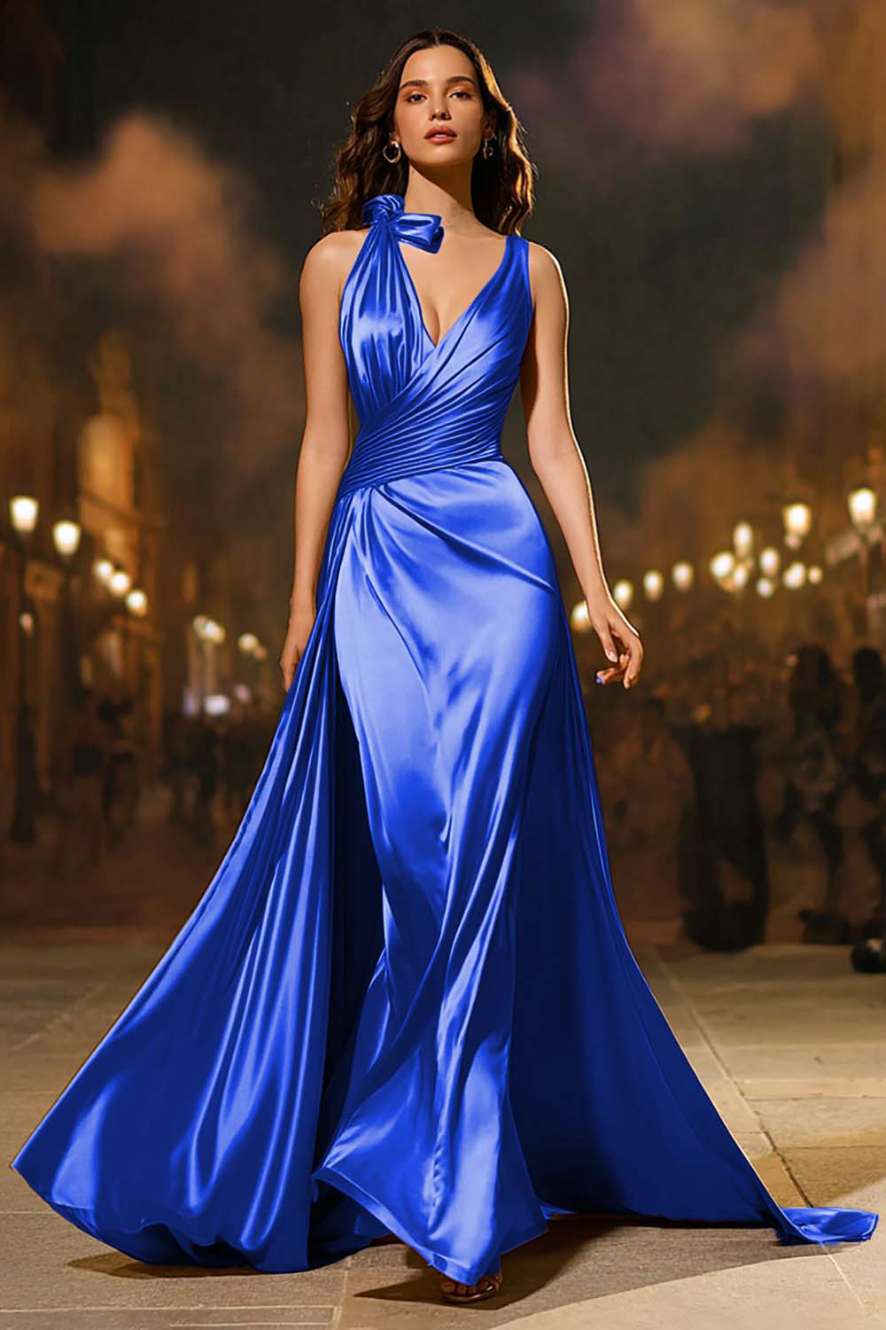 Gold Satin Mermaid V-Neck Ruched Long Formal Dress with Cape