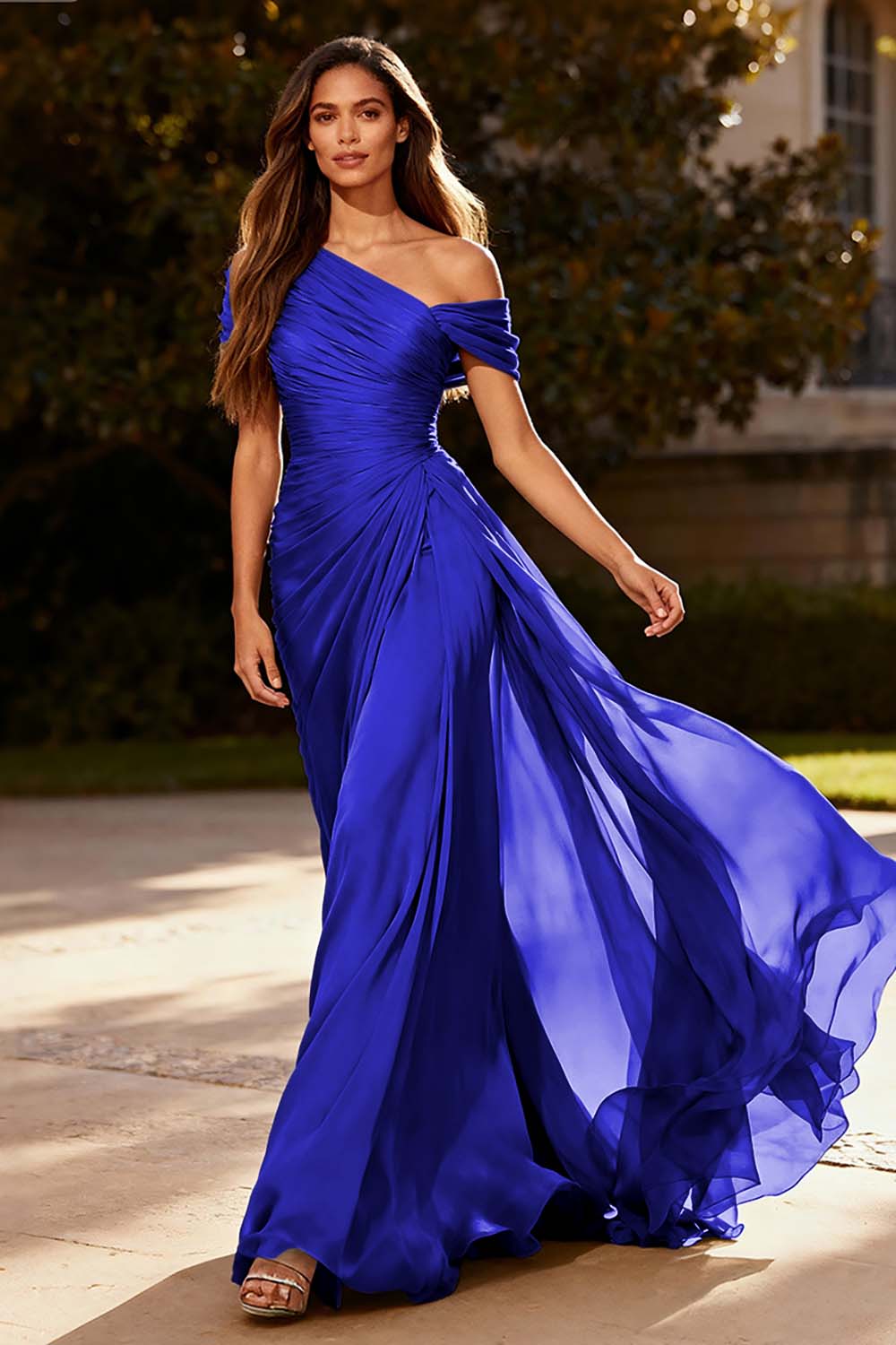 Dusty Sage One Shoulder Chiffon Ruched Long Formal Dress with Side Cape