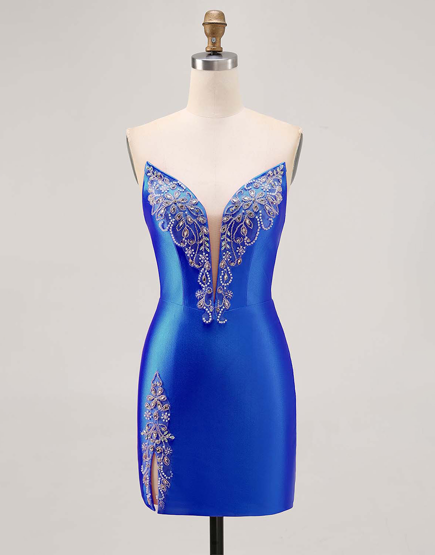 Sparkly Fuchsia Tight Strapless Short Satin Homecoming Dress with Beading