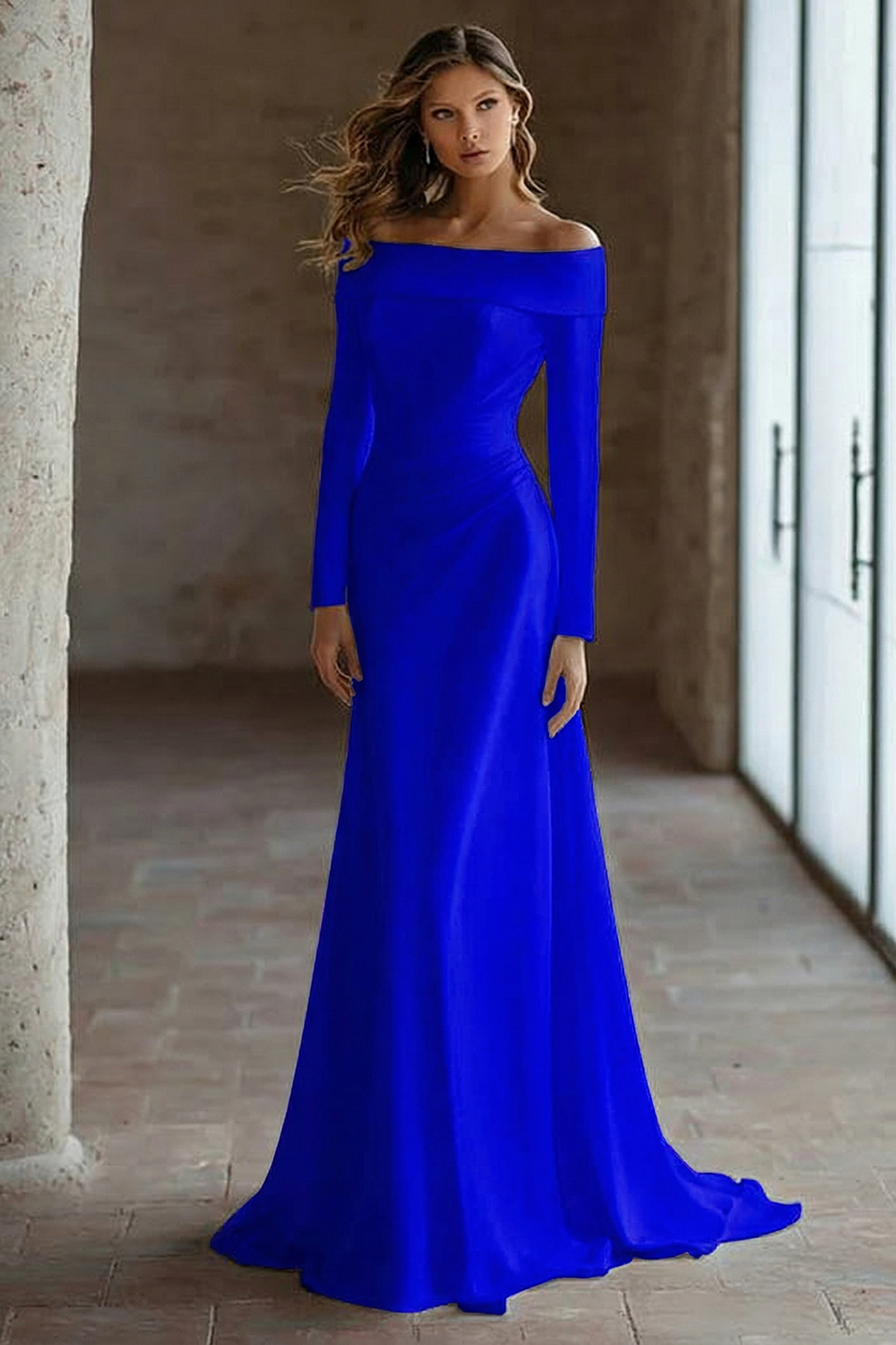 Ivory Satin Off the Shoulder Sweep Train Wedding Reception Dress with Sleeves