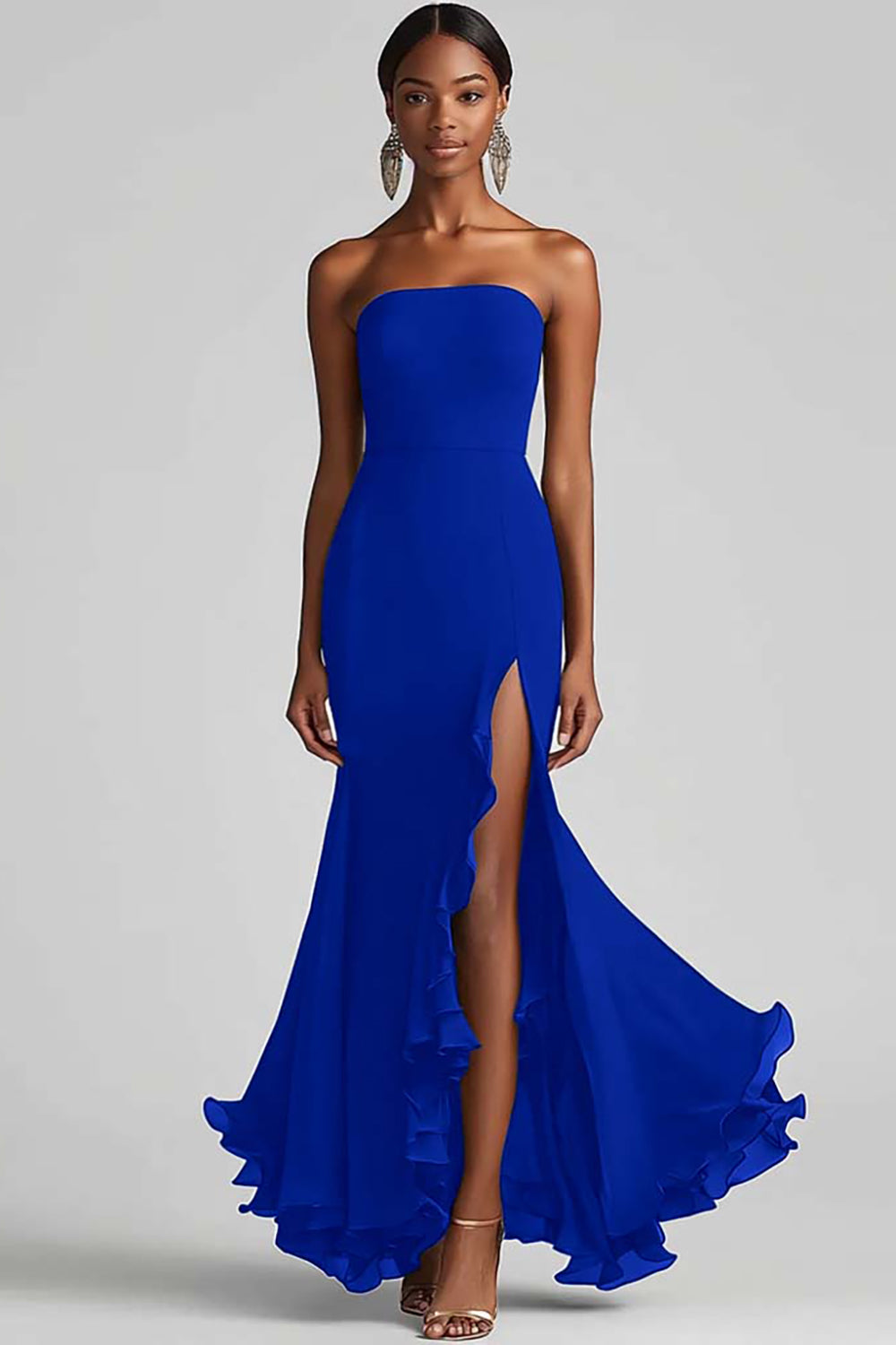 Strapless Sheath Chiffon Long Black Tie Dress with Slit