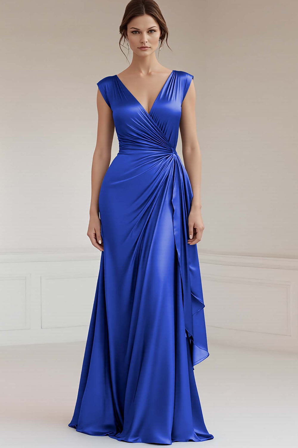 Peacock V-Neck Ruched Sheath Long Formal Dress with Ruffles