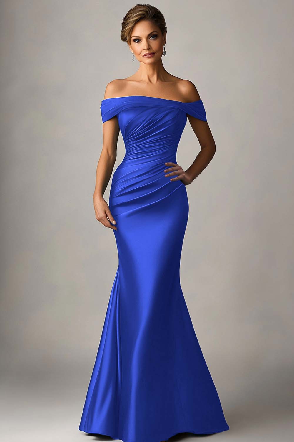 Royal Blue Off the Shoulder Ruched Long Satin Formal Dress