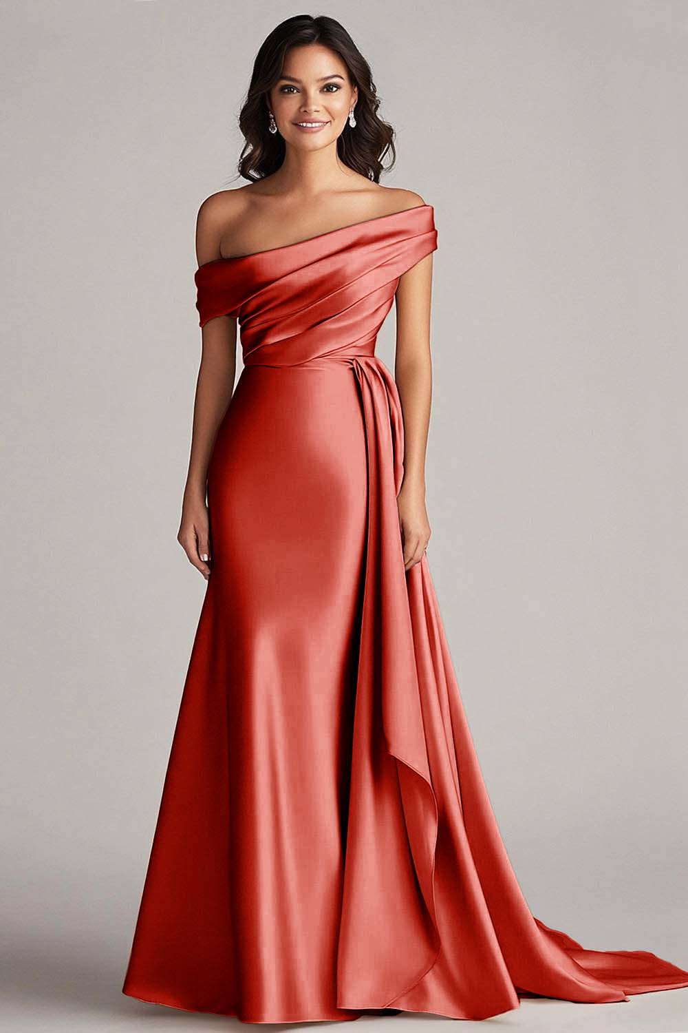 Off the Shoulder Elegant Champagne Long Formal Dress with Side Cape