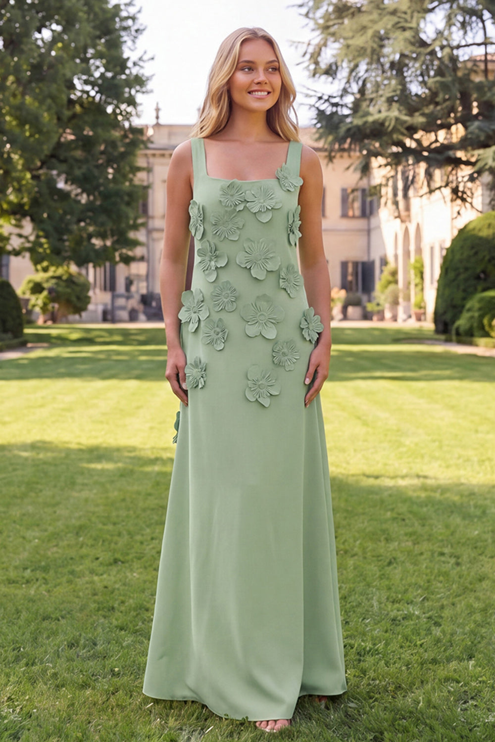 A Line Hot Pink Square Neck Floral Maxi Formal Dress