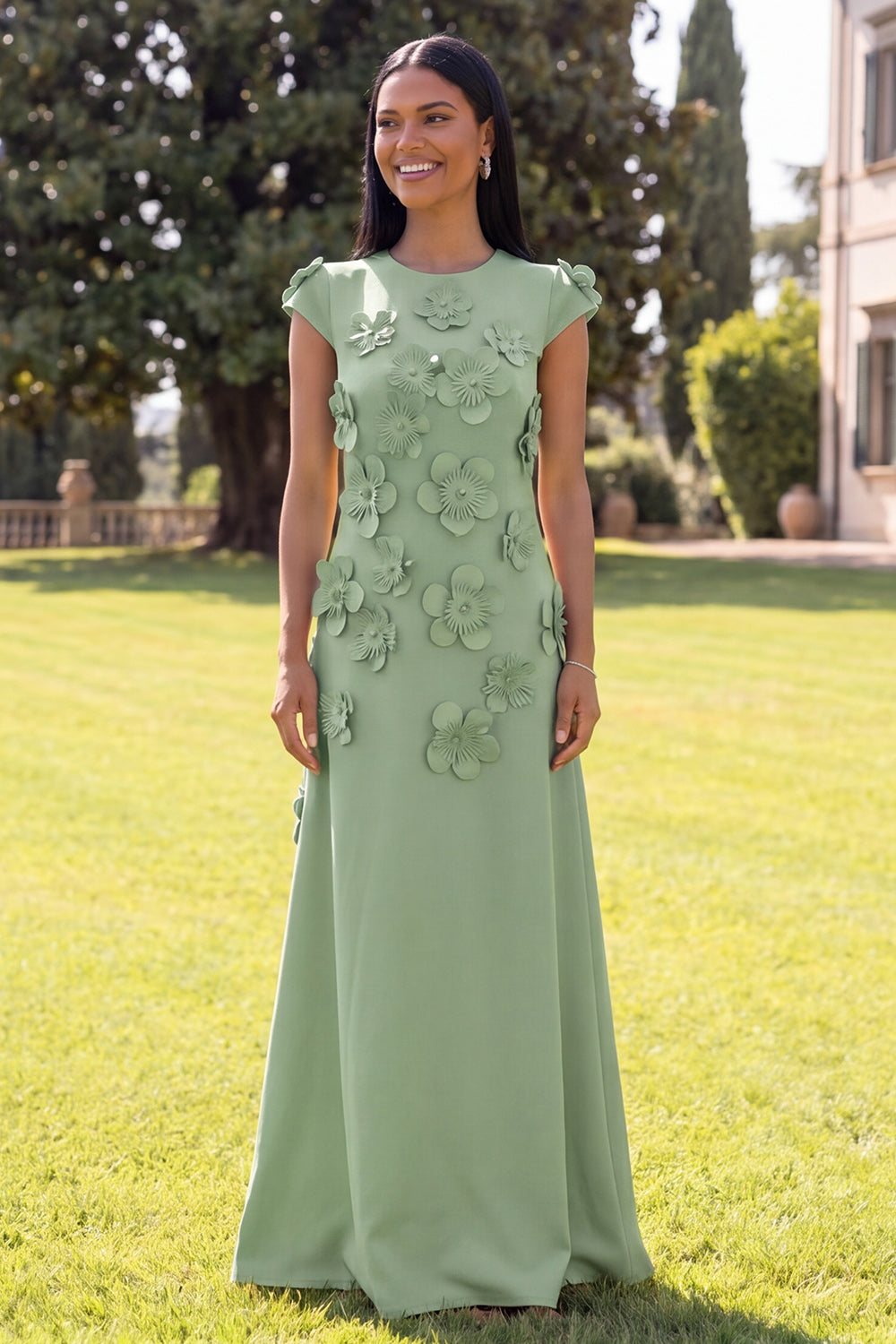 Navy A Line Floral Round Neck Long Formal Dress with Sleeves