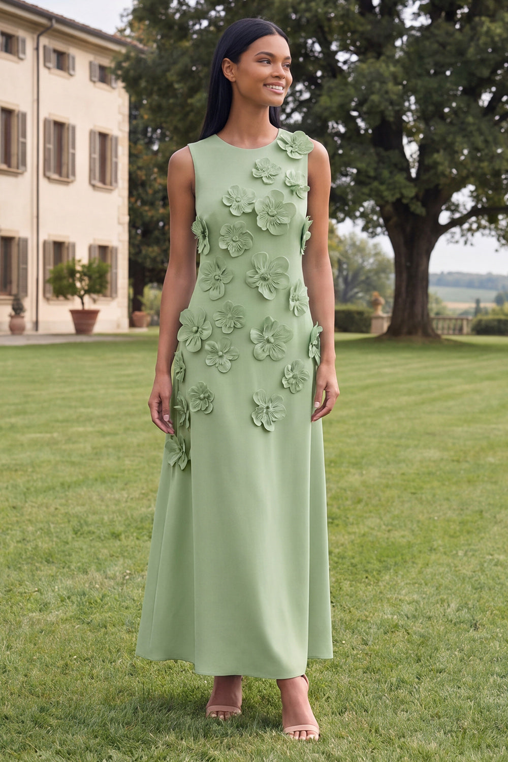 A Line Round Neck Yellow Floral Maxi Formal Dress