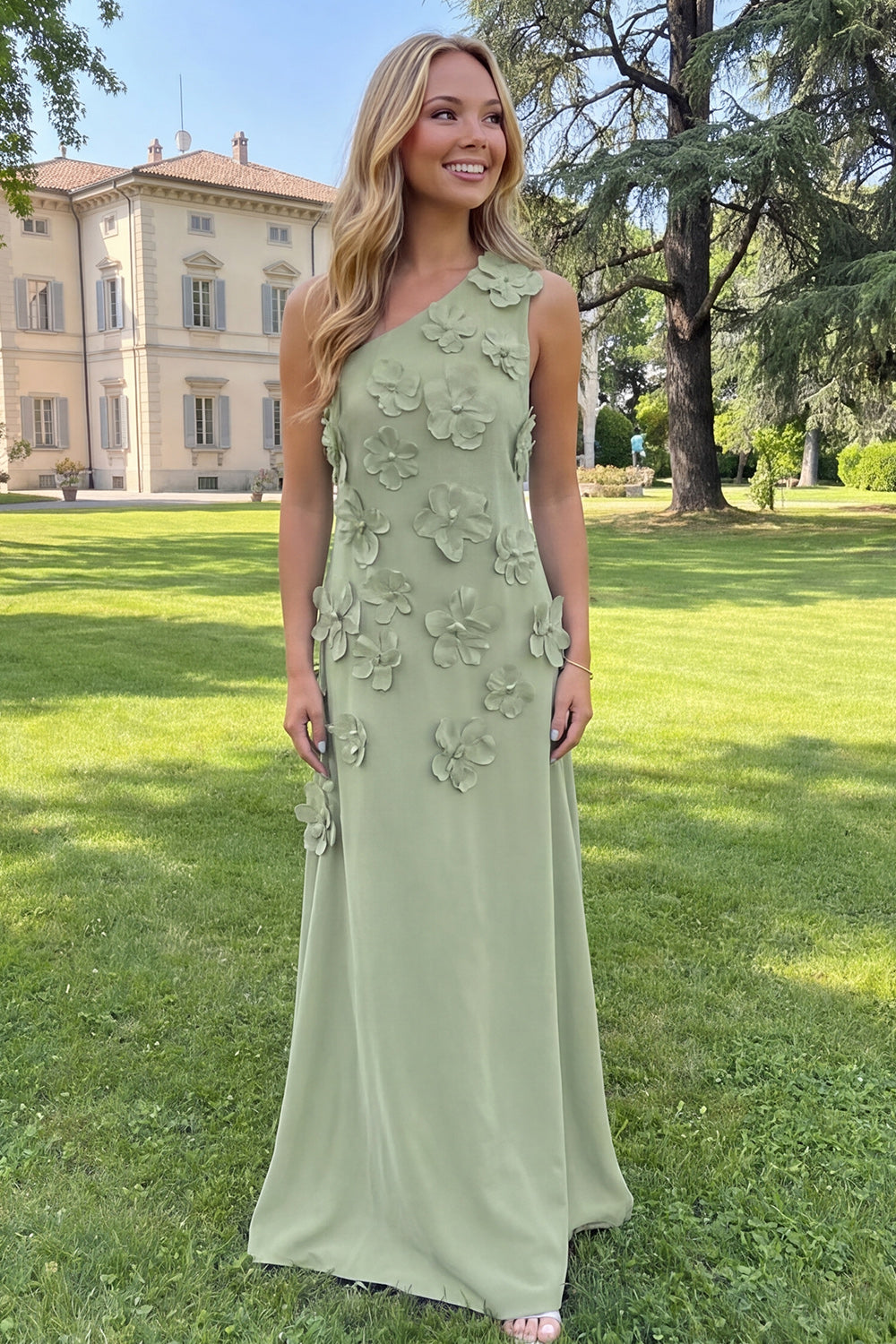 Floral Yellow Sheath One Shoulder Maxi Formal Dress