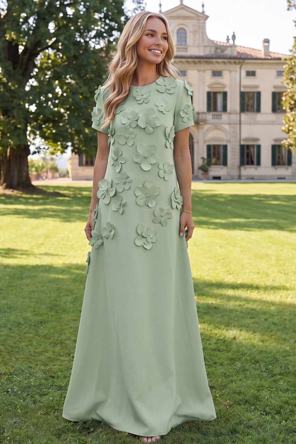 Floral Round Neck Blue A Line Long Formal Dress with Sleeves