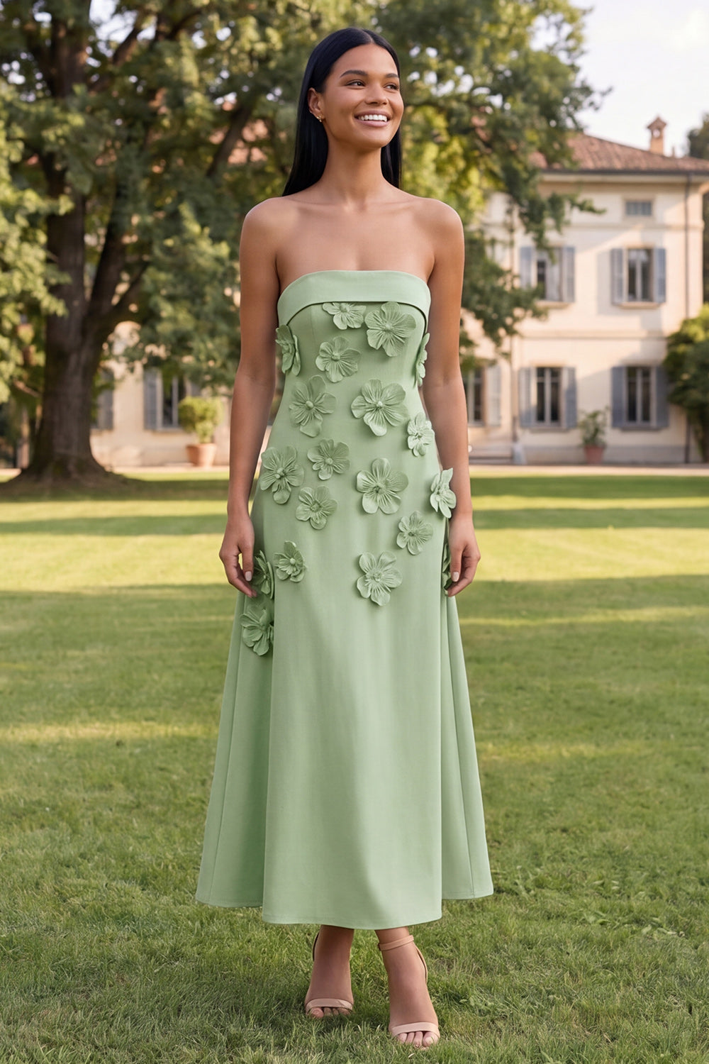 Yellow A Line Floral Strapless Maxi Formal Dress