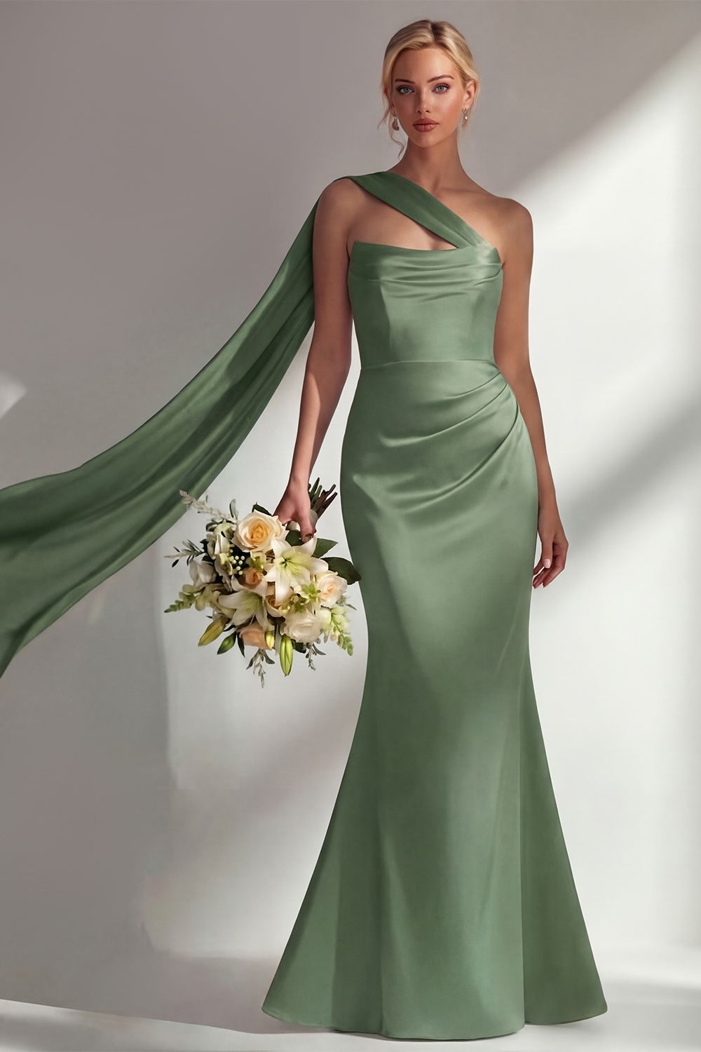 Elegant Burgundy Mermaid Neck Scarf Ruched Long Satin Prom Dress