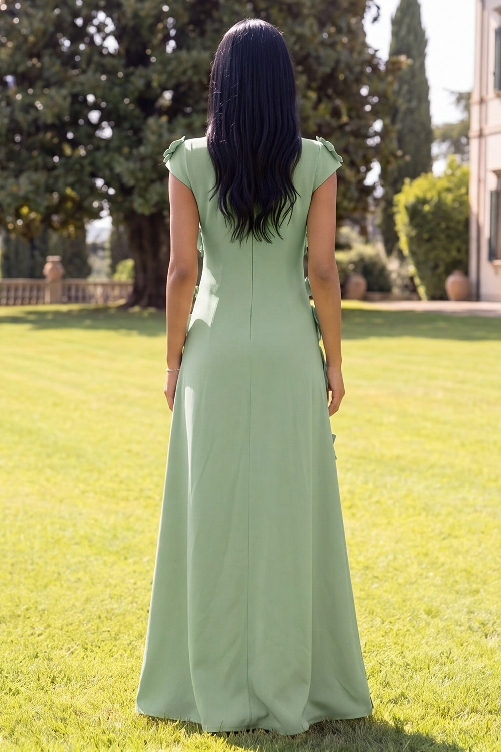 Navy A Line Floral Round Neck Long Formal Dress with Sleeves