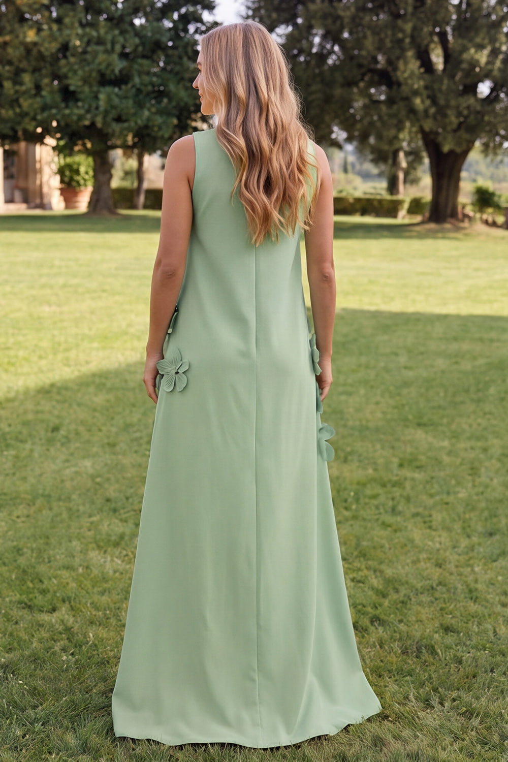 Blue Floral A Line High Neck Long Formal Dress