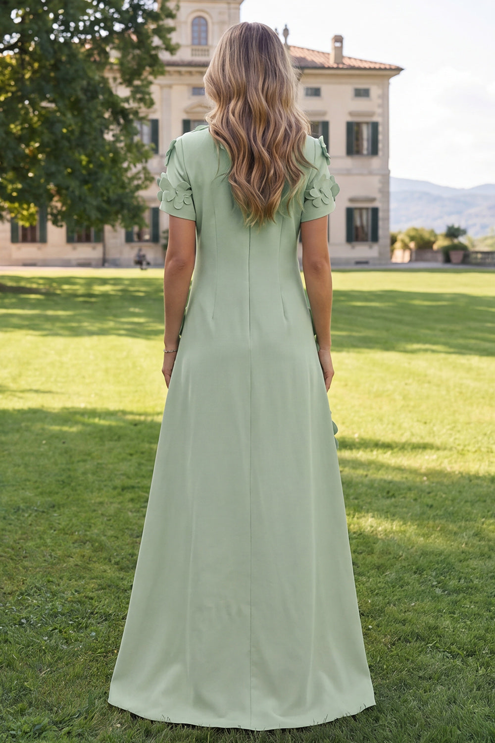 Floral Round Neck Blue A Line Long Formal Dress with Sleeves